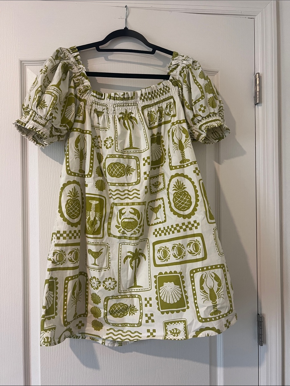 Peach Love California Olive Green and White Tropical Puff-Sleeve Mini Dress
